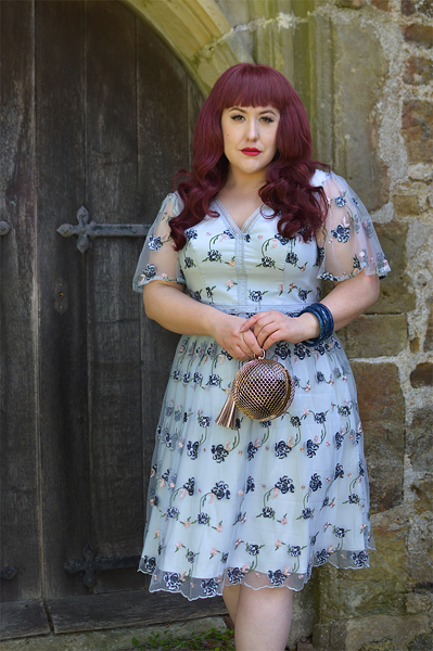Plus size pinup Miss Amy May models the Embroidered Lace V-Neck Midi Dress by Chi Chi London for a fit and sizing review