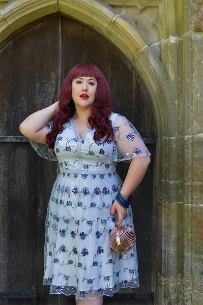 Plus size pinup Miss Amy May models the Embroidered Lace V-Neck Midi Dress by Chi Chi London for a fit and sizing review