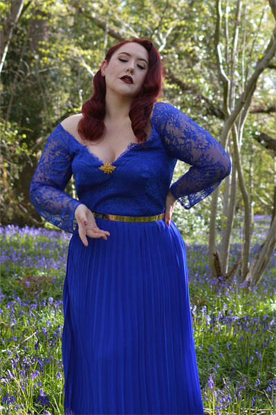 Plus size pinup Miss Amy May models the Blue Lace Sleeve Maxi Bridesmaid dress gifted by Chi Chi London for a fit and size review