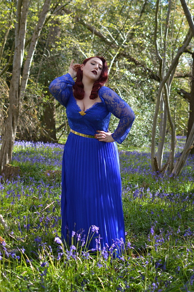 Plus size pinup Miss Amy May models the Blue Lace Sleeve Maxi Bridesmaid dress gifted by Chi Chi London for a fit and size review