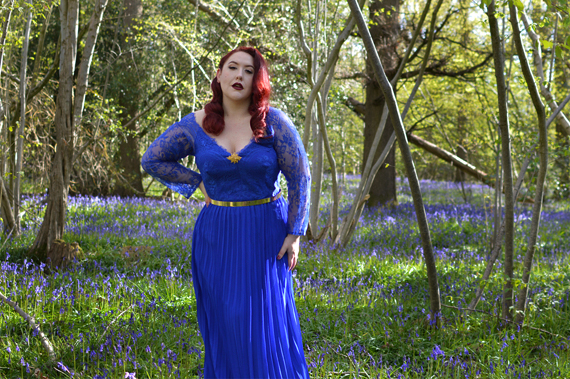Plus size pinup Miss Amy May models the Blue Lace Sleeve Maxi Bridesmaid dress gifted by Chi Chi London for a fit and size review