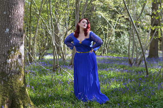 Plus size pinup Miss Amy May models the Blue Lace Sleeve Maxi Bridesmaid dress gifted by Chi Chi London for a fit and size review