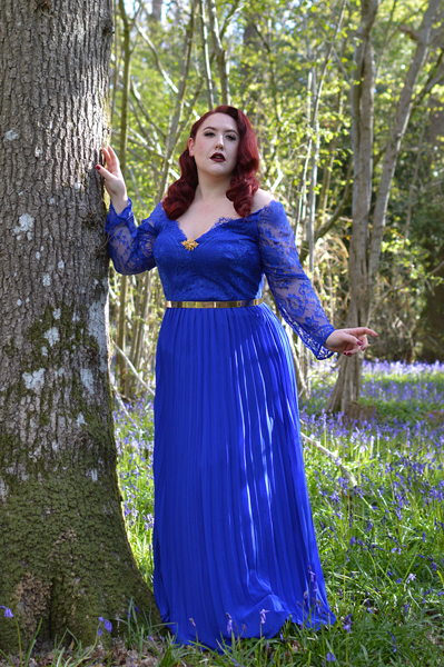 Plus size pinup Miss Amy May models the Blue Lace Sleeve Maxi Bridesmaid dress gifted by Chi Chi London for a fit and size review