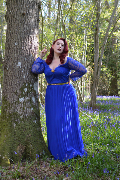 Plus size pinup Miss Amy May models the Blue Lace Sleeve Maxi Bridesmaid dress gifted by Chi Chi London for a fit and size review
