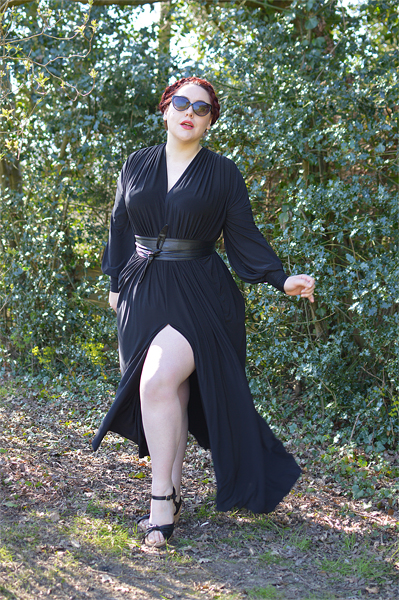 Plus size pinup Miss Amy May models the Black Claudia Maxi Gown by Alexandra King for Deadly is the Female to showcase styling it 3 different ways