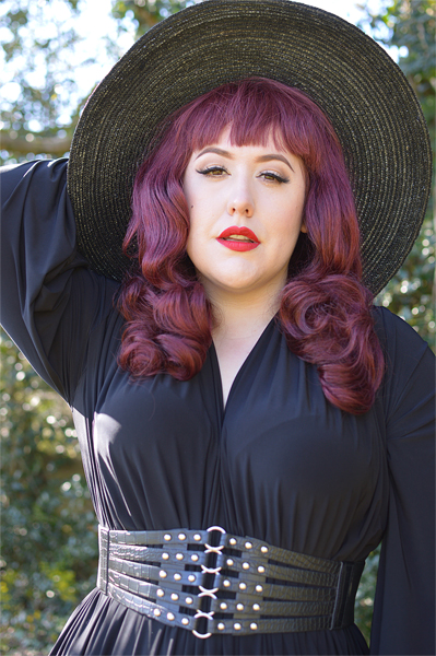 Plus size pinup Miss Amy May models the Black Claudia Maxi Gown by Alexandra King for Deadly is the Female to showcase styling it 3 different ways