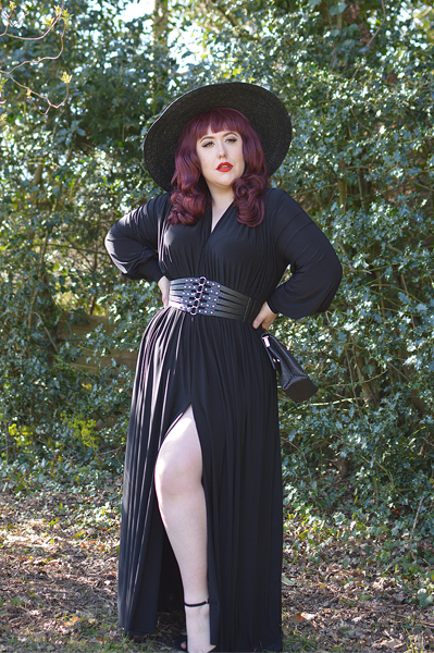 Plus size pinup Miss Amy May models the Black Claudia Maxi Gown by Alexandra King for Deadly is the Female to showcase styling it 3 different ways