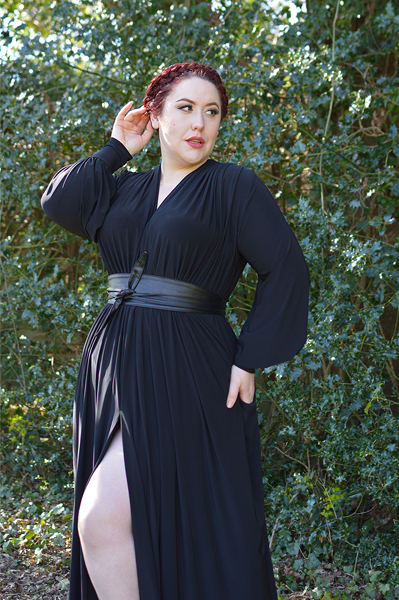 Plus size pinup Miss Amy May models the Black Claudia Maxi Gown by Alexandra King for Deadly is the Female to showcase styling it 3 different ways