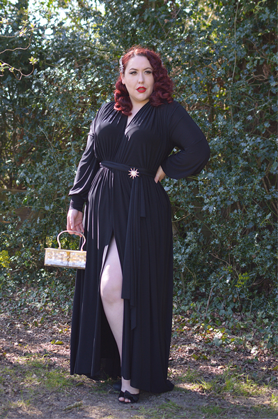 Plus size pinup Miss Amy May models the Black Claudia Maxi Gown by Alexandra King for Deadly is the Female to showcase styling it 3 different ways