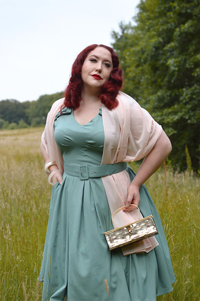 Plus size pinup Miss Amy May models the Korinna-Minty dress gifted by Miss Candyfloss for a fit and size review