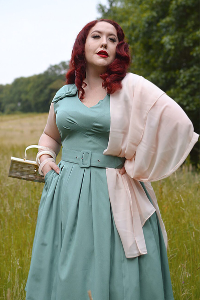 Plus size pinup Miss Amy May models the Korinna-Minty dress gifted by Miss Candyfloss for a fit and size review