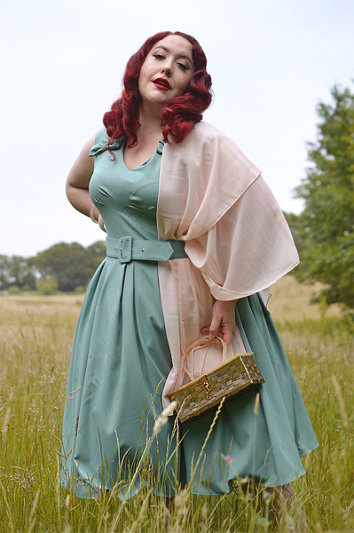 Plus size pinup Miss Amy May models the Korinna-Minty dress gifted by Miss Candyfloss for a fit and size review