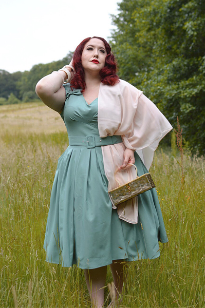 Plus size pinup Miss Amy May models the Korinna-Minty dress gifted by Miss Candyfloss for a fit and size review