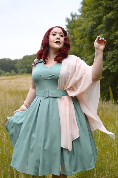 Plus size pinup Miss Amy May models the Korinna-Minty dress gifted by Miss Candyfloss for a fit and size review