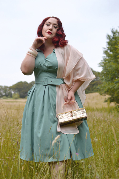 Plus size pinup Miss Amy May models the Korinna-Minty dress gifted by Miss Candyfloss for a fit and size review