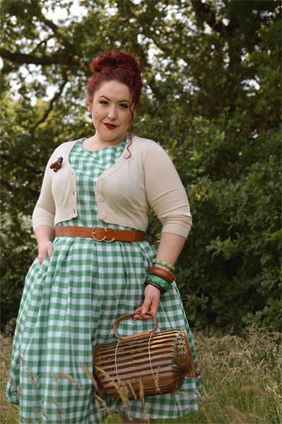 Plus size pinup Miss Amy May models the Annie Green gingham dress gifted by Dolly & Dotty for a fit and size review
