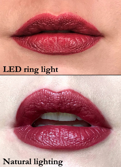 Revlon Colorstay Satin Lipstick in Silky Sienna swatched for review in natural and LED lighting