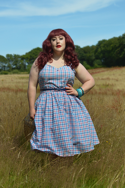 Plus size pinup Miss Amy May models the Sophia Halterneck pink and blue Check dress gifted by Dolly & Dotty for a fit and size review