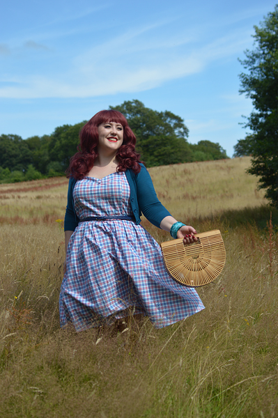 Plus size pinup Miss Amy May models the Sophia Halterneck pink and blue Check dress gifted by Dolly & Dotty for a fit and size review