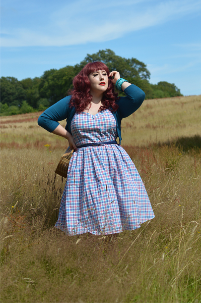 Plus size pinup Miss Amy May models the Sophia Halterneck pink and blue Check dress gifted by Dolly & Dotty for a fit and size review