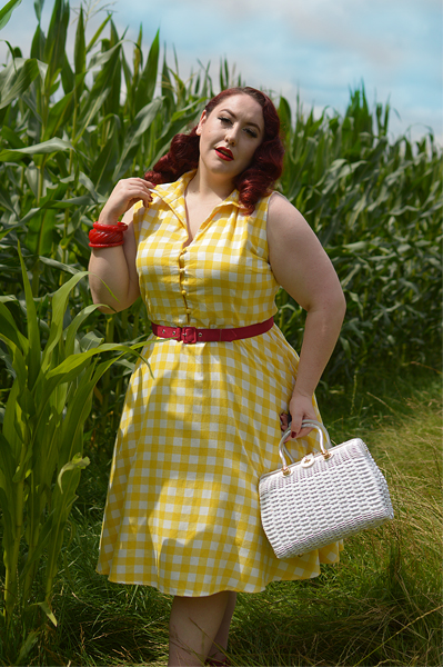 Plus size pinup Miss Amy May models the Poppy Yellow Gingham Shirtdress gifted by Dolly & Dotty for a fit and size review