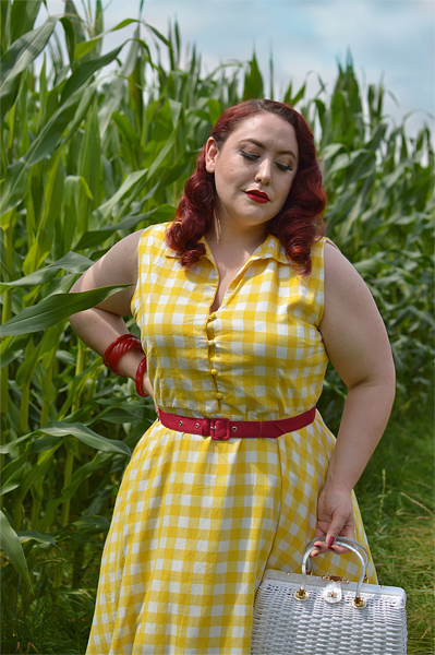 Plus size pinup Miss Amy May models the Poppy Yellow Gingham Shirtdress gifted by Dolly & Dotty for a fit and size review