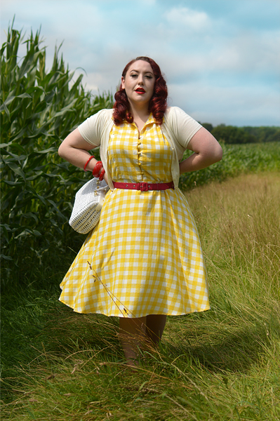 Plus size pinup Miss Amy May models the Poppy Yellow Gingham Shirtdress gifted by Dolly & Dotty for a fit and size review