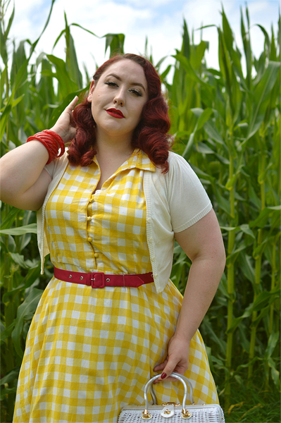 Plus size pinup Miss Amy May models the Poppy Yellow Gingham Shirtdress gifted by Dolly & Dotty for a fit and size review