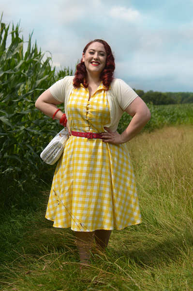 Plus size pinup Miss Amy May models the Poppy Yellow Gingham Shirtdress gifted by Dolly & Dotty for a fit and size review