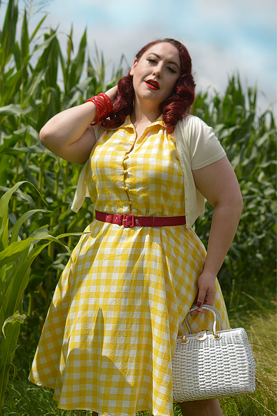 Plus size pinup Miss Amy May models the Poppy Yellow Gingham Shirtdress gifted by Dolly & Dotty for a fit and size review