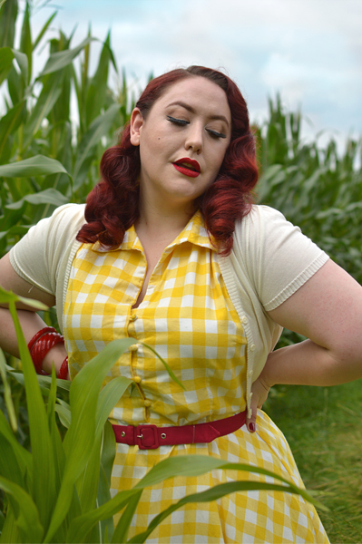 Plus size pinup Miss Amy May models the Poppy Yellow Gingham Shirtdress gifted by Dolly & Dotty for a fit and size review