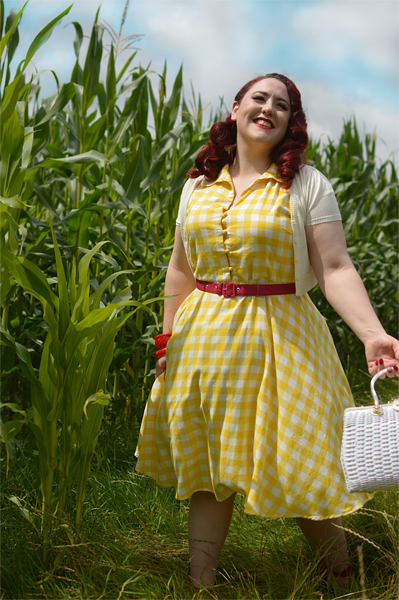 Plus size pinup Miss Amy May models the Poppy Yellow Gingham Shirtdress gifted by Dolly & Dotty for a fit and size review