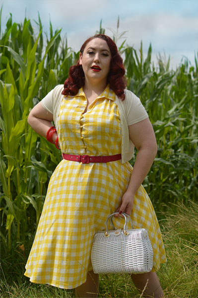 Plus size pinup Miss Amy May models the Poppy Yellow Gingham Shirtdress gifted by Dolly & Dotty for a fit and size review
