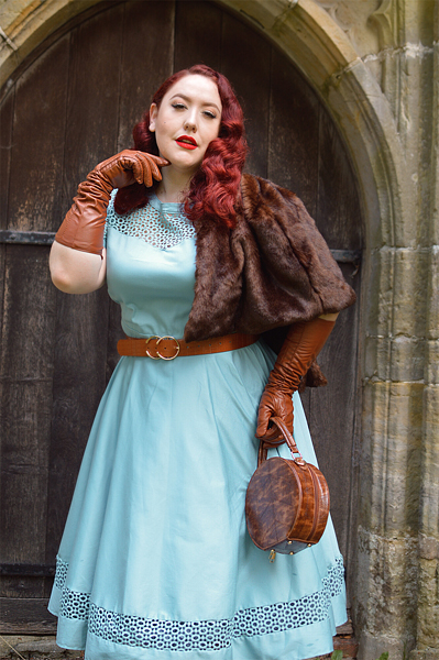 Plus size pinup Miss Amy May models the Baby Blue Tessa Tess dress by Dolly & Dotty for a fit and size review
