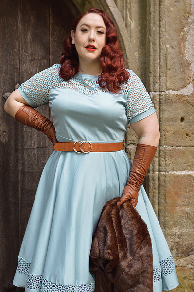 Plus size pinup Miss Amy May models the Baby Blue Tessa Tess dress by Dolly & Dotty for a fit and size review