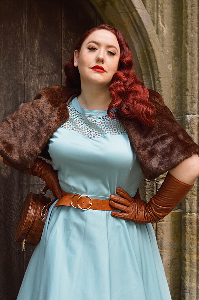 Plus size pinup Miss Amy May models the Baby Blue Tessa Tess dress by Dolly & Dotty for a fit and size review
