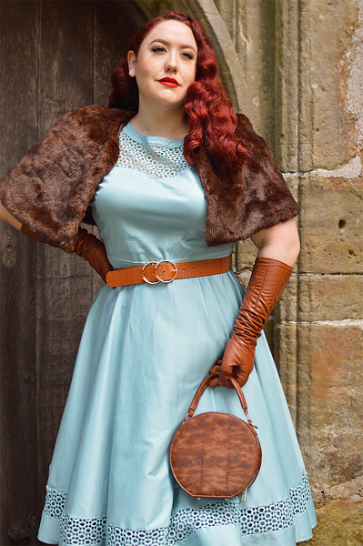 Plus size pinup Miss Amy May models the Baby Blue Tessa Tess dress by Dolly & Dotty for a fit and size review