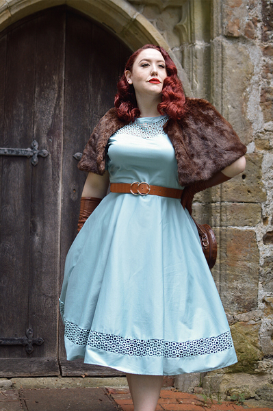 Plus size pinup Miss Amy May models the Baby Blue Tessa Tess dress by Dolly & Dotty for a fit and size review