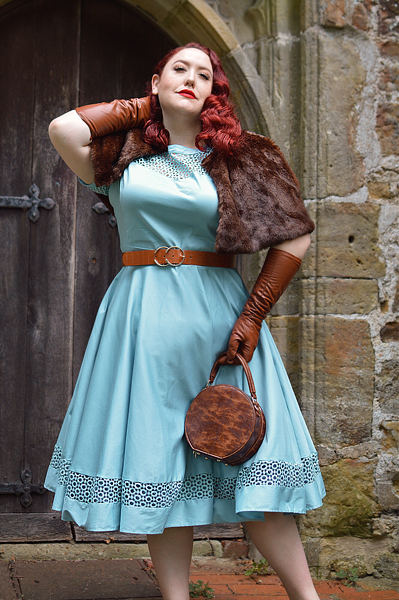 Plus size pinup Miss Amy May models the Baby Blue Tessa Tess dress by Dolly & Dotty for a fit and size review