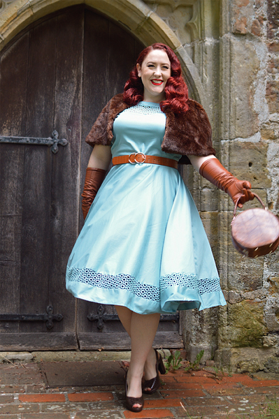 Plus size pinup Miss Amy May models the Baby Blue Tessa Tess dress by Dolly & Dotty for a fit and size review