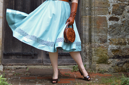 Plus size pinup Miss Amy May models the Baby Blue Tessa Tess dress by Dolly & Dotty for a fit and size review