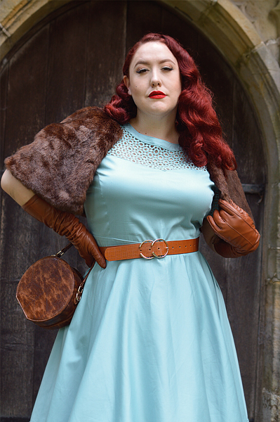 Plus size pinup Miss Amy May models the Baby Blue Tessa Tess dress by Dolly & Dotty for a fit and size review