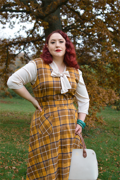 Plus size pinup Miss Amy May models the Jayleen Moonhill mustard check dress by Collectif Clothing for a fit and size review