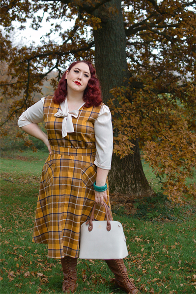 Plus size pinup Miss Amy May models the Jayleen Moonhill mustard check dress by Collectif Clothing for a fit and size review