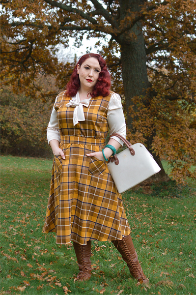 Plus size pinup Miss Amy May models the Jayleen Moonhill mustard check dress by Collectif Clothing for a fit and size review