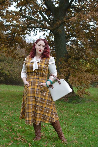 Plus size pinup Miss Amy May models the Jayleen Moonhill mustard check dress by Collectif Clothing for a fit and size review