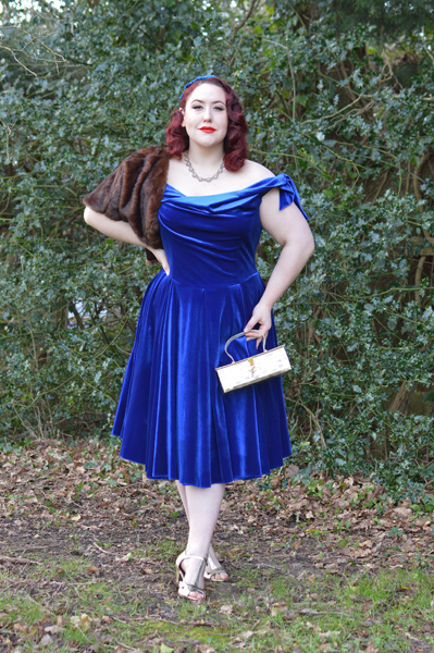 Same dress styled 3 ways outfit challenge by plus size pinup Miss Amy May featuring the Sapphire Velvet Tilly Bow Prom dress by The Pretty Dress Company