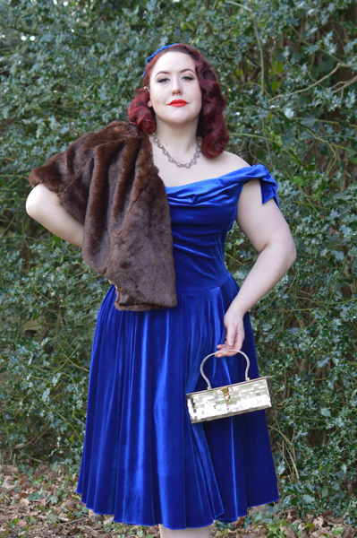 Same dress styled 3 ways outfit challenge by plus size pinup Miss Amy May featuring the Sapphire Velvet Tilly Bow Prom dress by The Pretty Dress Company