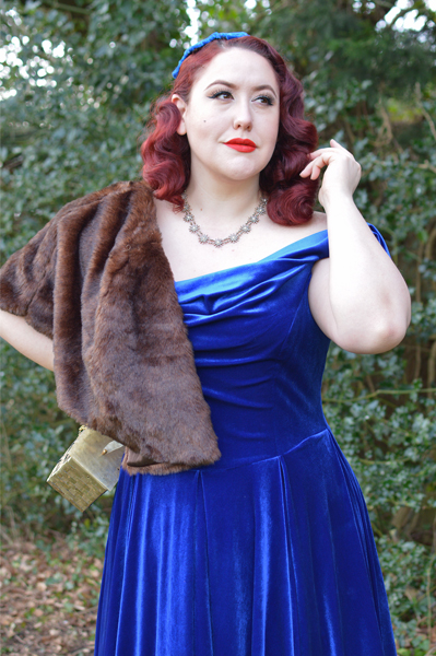 Same dress styled 3 ways outfit challenge by plus size pinup Miss Amy May featuring the Sapphire Velvet Tilly Bow Prom dress by The Pretty Dress Company