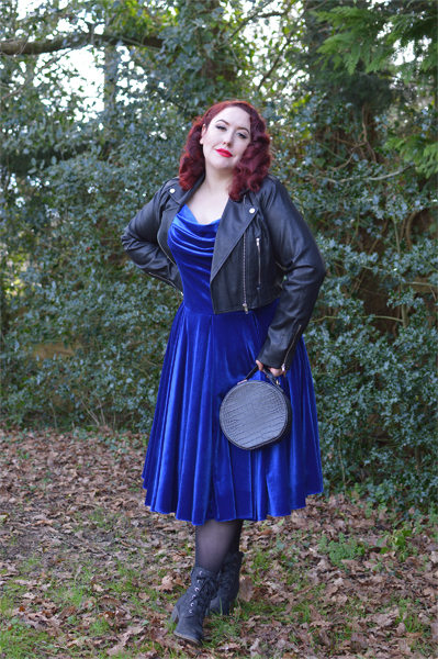 Same dress styled 3 ways outfit challenge by plus size pinup Miss Amy May featuring the Sapphire Velvet Tilly Bow Prom dress by The Pretty Dress Company